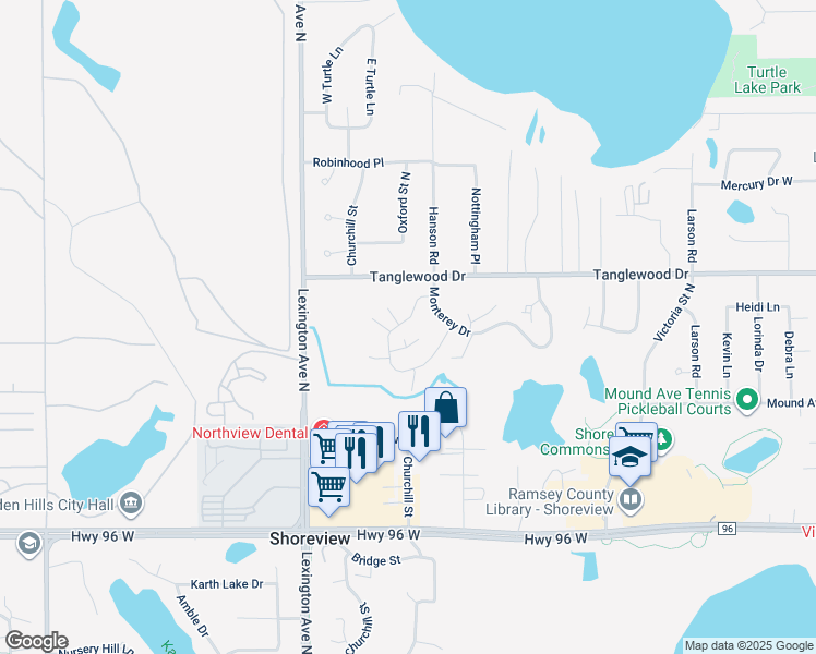 map of restaurants, bars, coffee shops, grocery stores, and more near 1015 Carmel Court in Shoreview