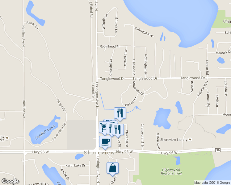 map of restaurants, bars, coffee shops, grocery stores, and more near 1058 Carmel Court in Shoreview