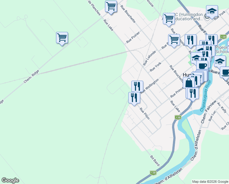 map of restaurants, bars, coffee shops, grocery stores, and more near 26 Carré Morrison in Huntingdon