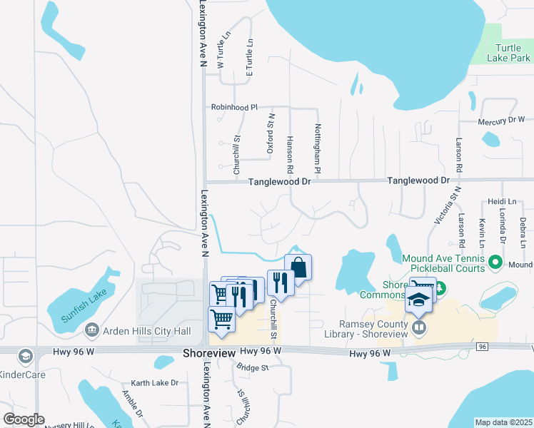 map of restaurants, bars, coffee shops, grocery stores, and more near 1001 Carmel Court in Shoreview