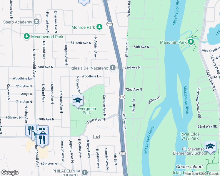 map of restaurants, bars, coffee shops, grocery stores, and more near 7200 Camden Avenue North in Minneapolis