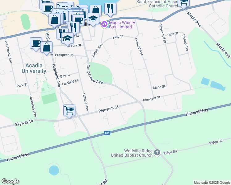 map of restaurants, bars, coffee shops, grocery stores, and more near 6 Fowler Street in Wolfville