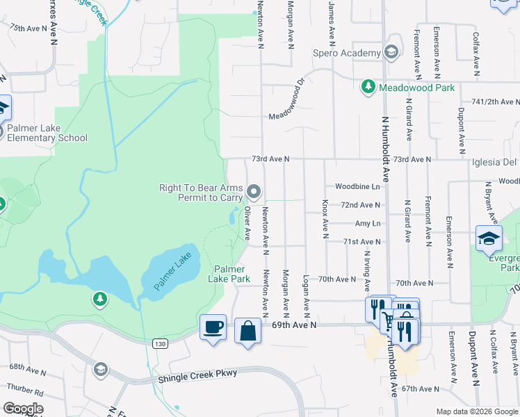 map of restaurants, bars, coffee shops, grocery stores, and more near 7200 Newton Avenue North in Minneapolis