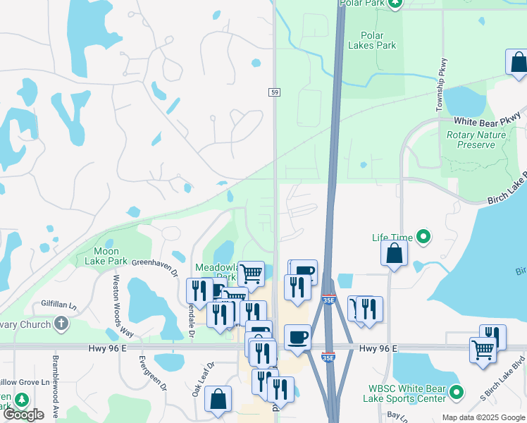 map of restaurants, bars, coffee shops, grocery stores, and more near 4685 Centerville Road in White Bear Lake