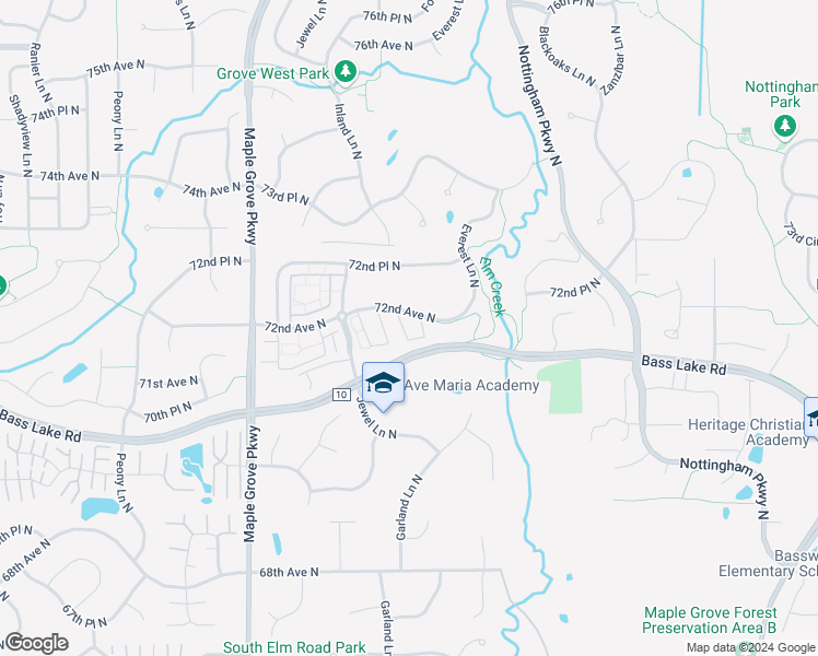 map of restaurants, bars, coffee shops, grocery stores, and more near 17039 72nd Avenue North in Maple Grove