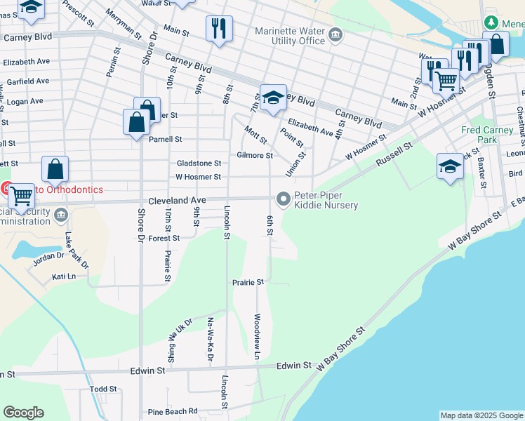 map of restaurants, bars, coffee shops, grocery stores, and more near 2011 6th Street in Marinette