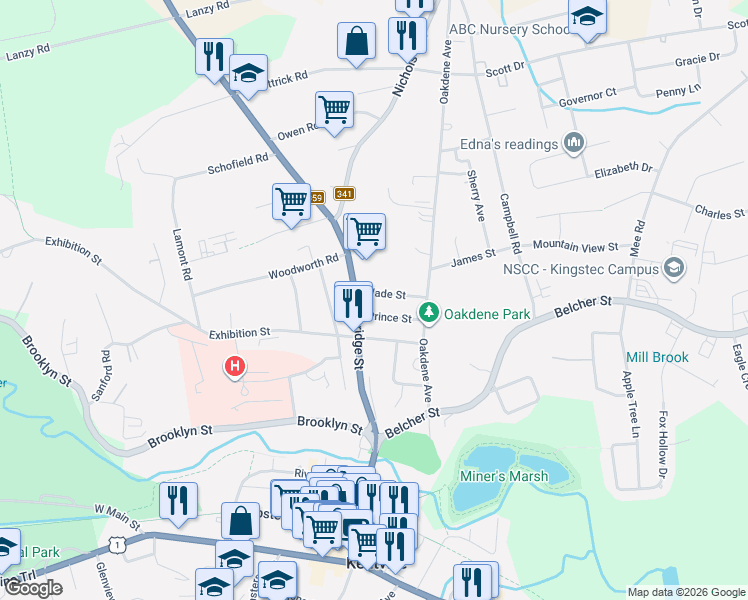 map of restaurants, bars, coffee shops, grocery stores, and more near 35 Wade Street in Kentville
