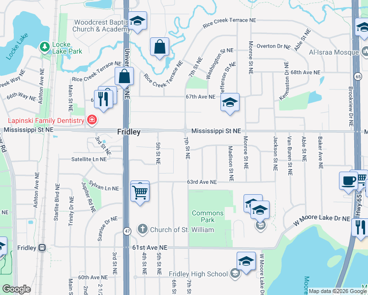 map of restaurants, bars, coffee shops, grocery stores, and more near 6461 7th Street Northeast in Fridley