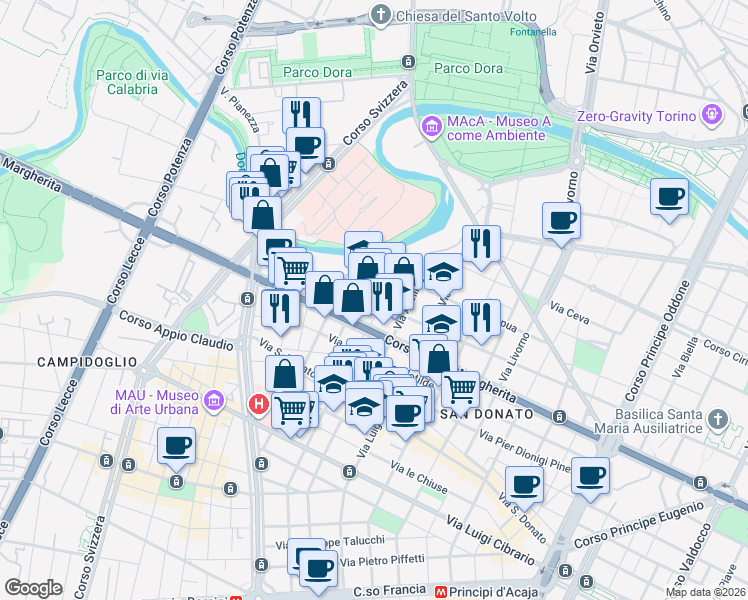 map of restaurants, bars, coffee shops, grocery stores, and more near 10 Via Belluno in Torino