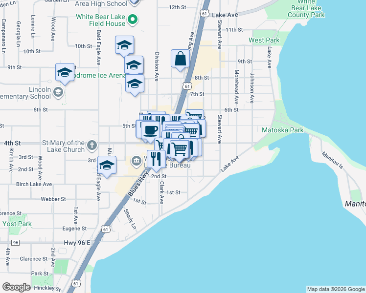 map of restaurants, bars, coffee shops, grocery stores, and more near 2188 4th Street in White Bear Lake