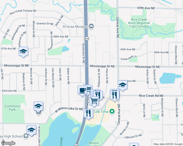 map of restaurants, bars, coffee shops, grocery stores, and more near 1132 Mississippi Street Northeast in Fridley
