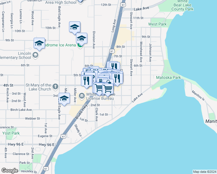 map of restaurants, bars, coffee shops, grocery stores, and more near 2186 4th Street in White Bear Lake