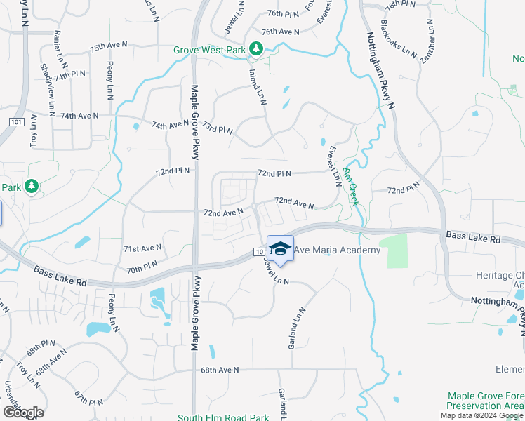 map of restaurants, bars, coffee shops, grocery stores, and more near 17183 72nd Avenue North in Osseo