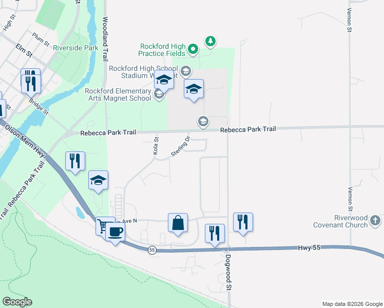 map of restaurants, bars, coffee shops, grocery stores, and more near 7610 Red Fox Trail in Rockford