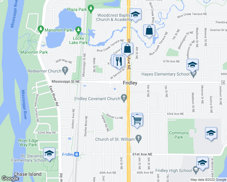 map of restaurants, bars, coffee shops, grocery stores, and more near 3rd Street Northeast in Fridley