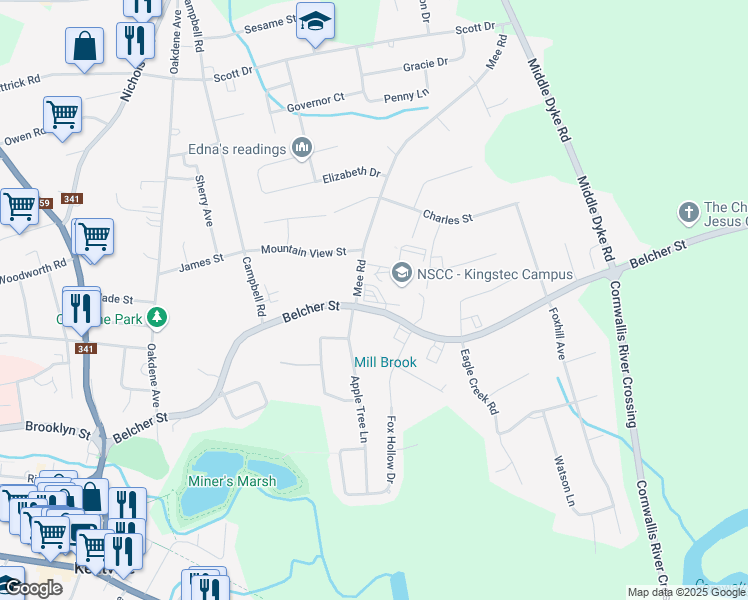 map of restaurants, bars, coffee shops, grocery stores, and more near 236 Belcher Street in Kentville