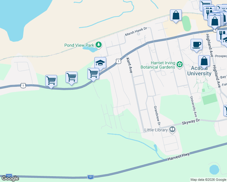 map of restaurants, bars, coffee shops, grocery stores, and more near 39 Stirling Avenue in Wolfville