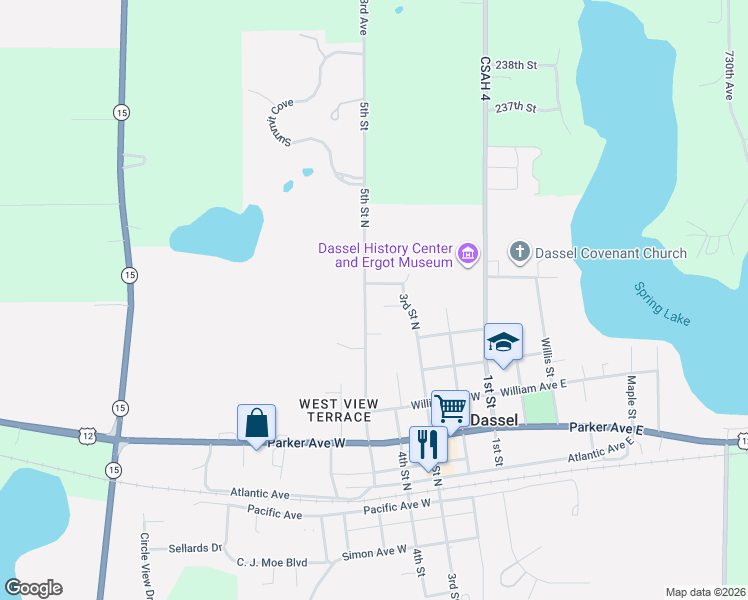 map of restaurants, bars, coffee shops, grocery stores, and more near 831 5th Street North in Dassel
