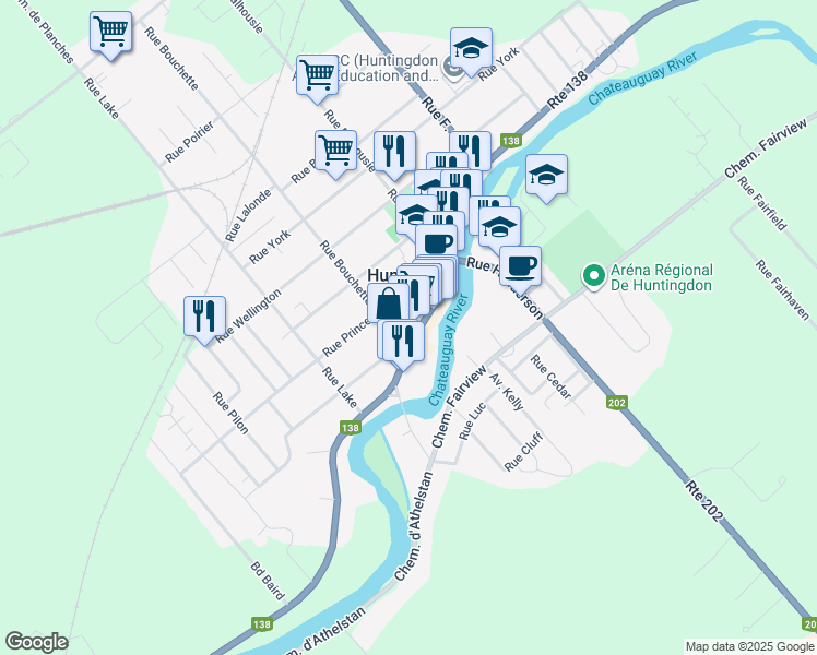 map of restaurants, bars, coffee shops, grocery stores, and more near 142 Rue Châteauguay in Huntingdon