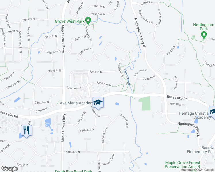 map of restaurants, bars, coffee shops, grocery stores, and more near 16961-16987 72nd Avenue North in Maple Grove