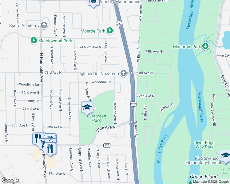 map of restaurants, bars, coffee shops, grocery stores, and more near 5910 Shingle Creek Parkway in Brooklyn Center