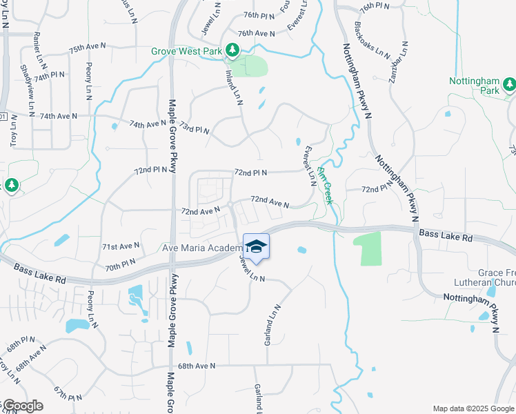 map of restaurants, bars, coffee shops, grocery stores, and more near 17039 72nd Avenue North in Maple Grove