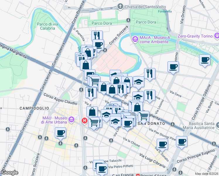 map of restaurants, bars, coffee shops, grocery stores, and more near 10 Via Belluno in Turin