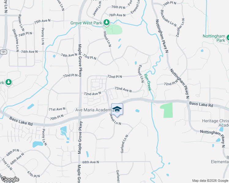 map of restaurants, bars, coffee shops, grocery stores, and more near 17183 72nd Avenue North in Osseo
