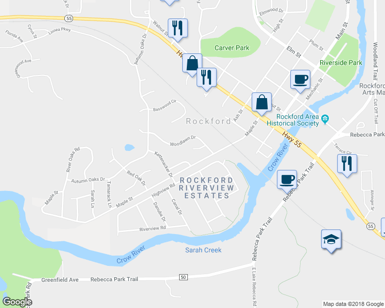 map of restaurants, bars, coffee shops, grocery stores, and more near 5530 Sunset Circle in Rockford