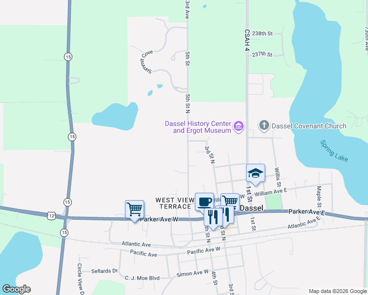 map of restaurants, bars, coffee shops, grocery stores, and more near 831 5th Street North in Dassel
