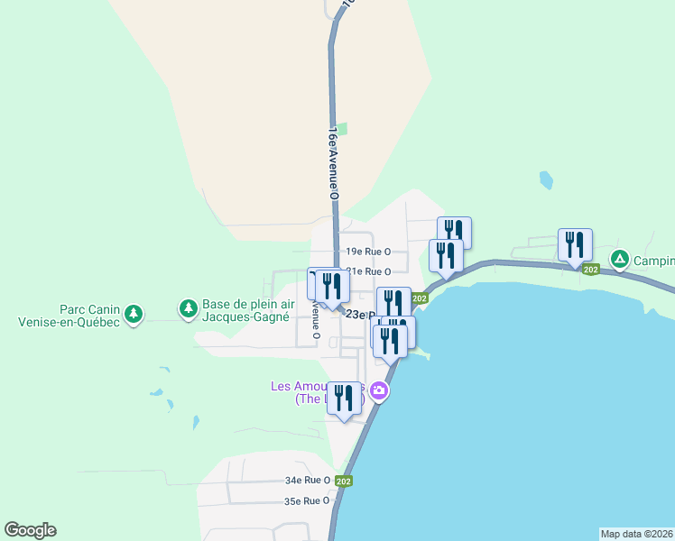 map of restaurants, bars, coffee shops, grocery stores, and more near 208 16e Av Ouest in Venise-en-Québec