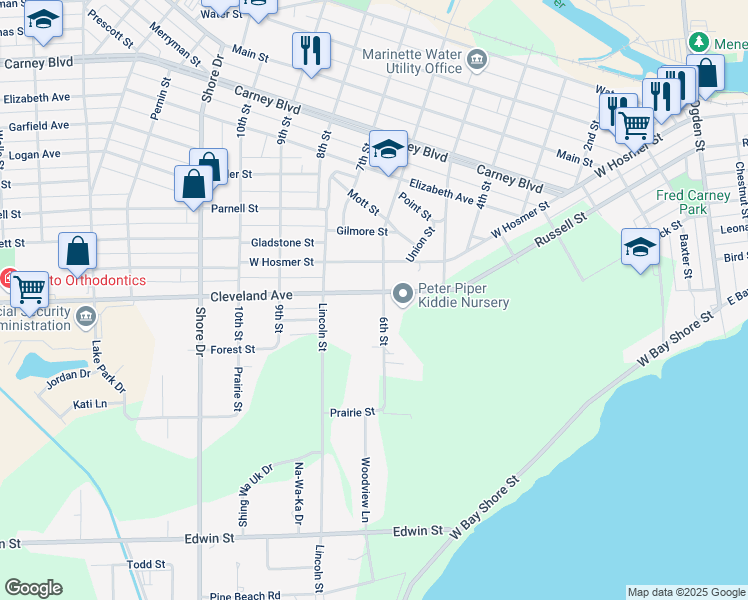 map of restaurants, bars, coffee shops, grocery stores, and more near 2011 6th Street in Marinette