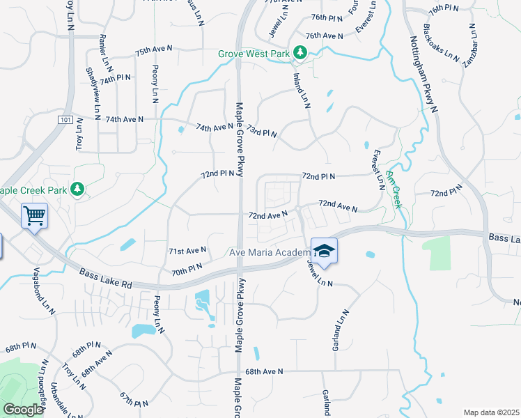 map of restaurants, bars, coffee shops, grocery stores, and more near 7206b Kimberly Lane North in Maple Grove