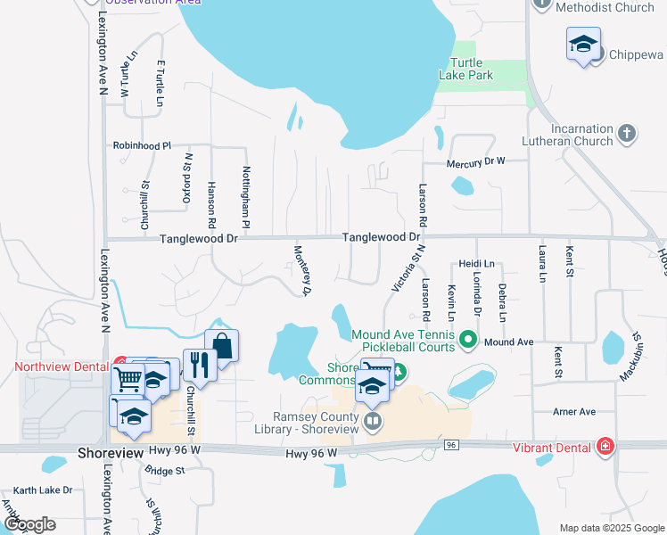 map of restaurants, bars, coffee shops, grocery stores, and more near 847 Martha Lake Court in Shoreview