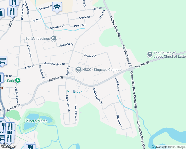 map of restaurants, bars, coffee shops, grocery stores, and more near 23 Mahone Place in Kentville