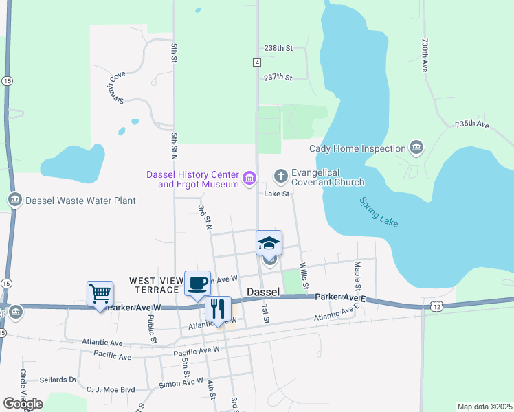 map of restaurants, bars, coffee shops, grocery stores, and more near 901 1st Street in Dassel