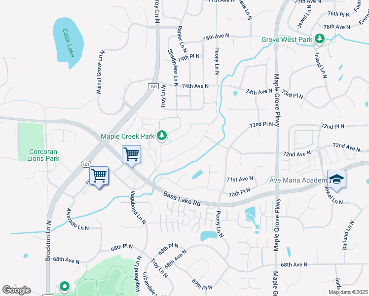 map of restaurants, bars, coffee shops, grocery stores, and more near 18116 72nd Avenue North in Maple Grove