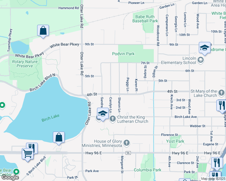 map of restaurants, bars, coffee shops, grocery stores, and more near 4766 Carolyn Lane in White Bear Lake