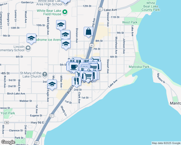 map of restaurants, bars, coffee shops, grocery stores, and more near in White Bear Lake