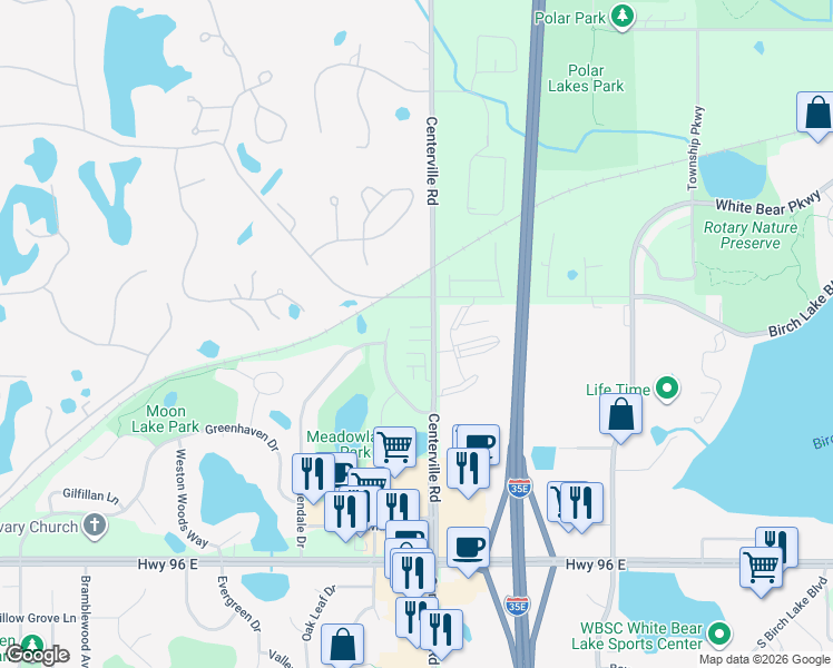 map of restaurants, bars, coffee shops, grocery stores, and more near 4685 Centerville Road in White Bear Lake