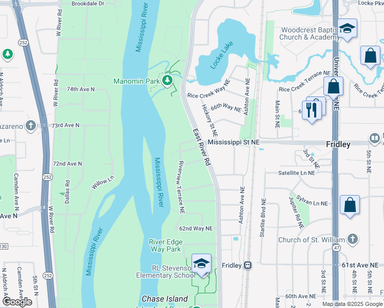 map of restaurants, bars, coffee shops, grocery stores, and more near 160 Mississippi Place in Fridley