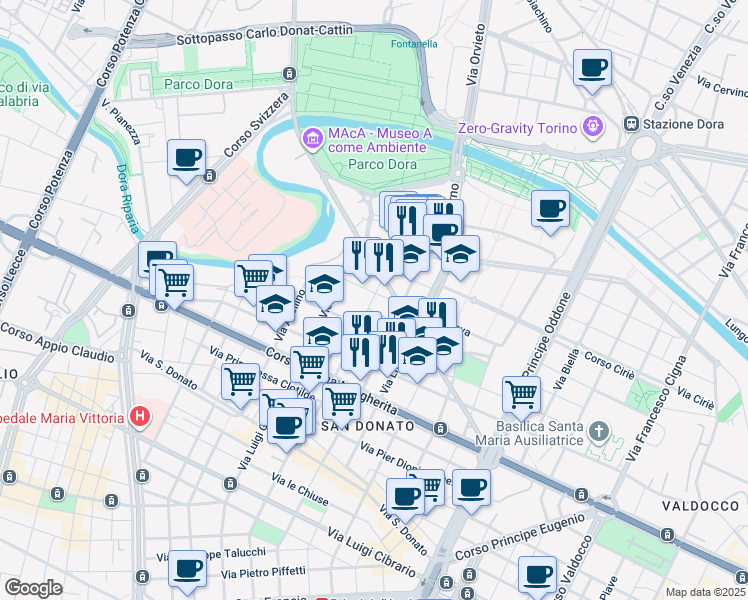 map of restaurants, bars, coffee shops, grocery stores, and more near 30 Via Aquila in Turin
