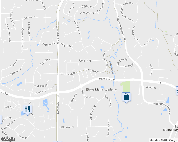 map of restaurants, bars, coffee shops, grocery stores, and more near 17039 72nd Avenue North in Maple Grove