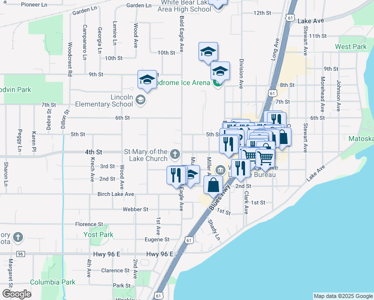 map of restaurants, bars, coffee shops, grocery stores, and more near 2025 4th Street in White Bear Lake