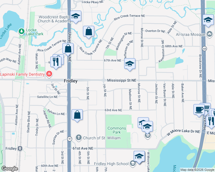 map of restaurants, bars, coffee shops, grocery stores, and more near 6461 7th Street Northeast in Fridley