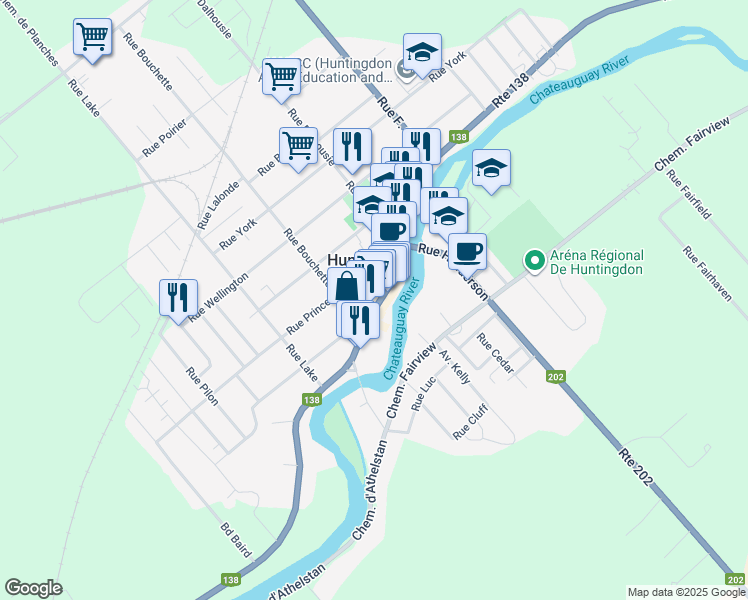 map of restaurants, bars, coffee shops, grocery stores, and more near 142 Rue Châteauguay in Huntingdon