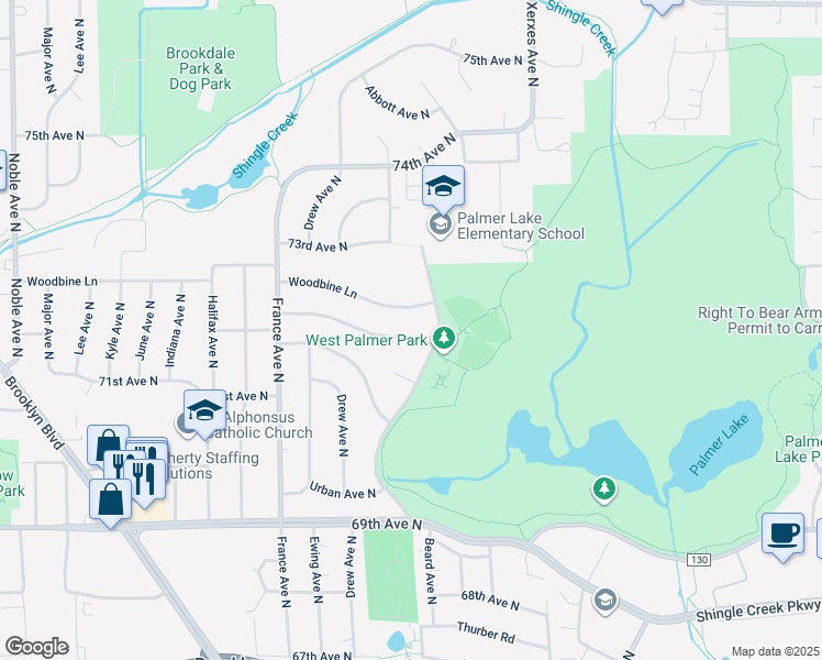 map of restaurants, bars, coffee shops, grocery stores, and more near 3412 72nd Avenue North in Minneapolis