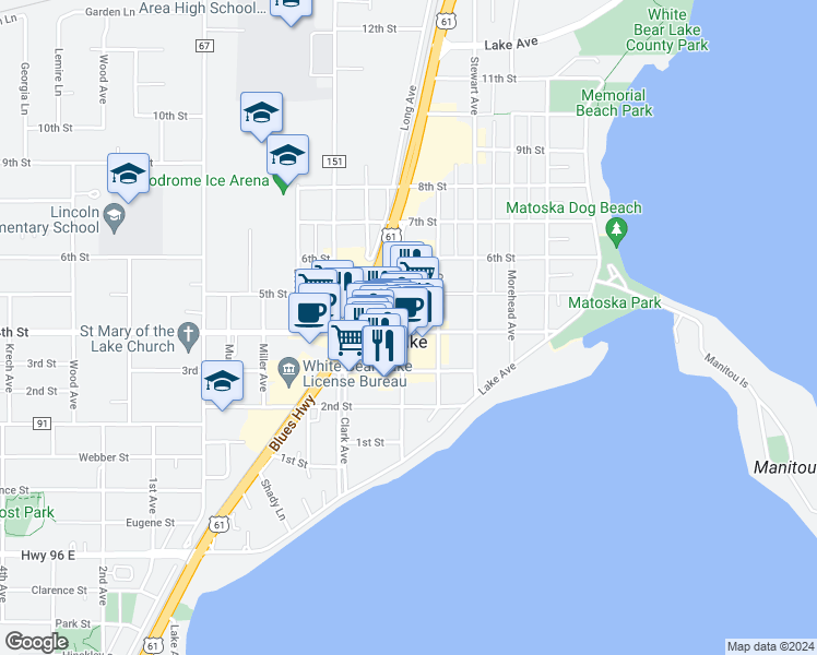 map of restaurants, bars, coffee shops, grocery stores, and more near 4770 Banning Avenue in White Bear Lake