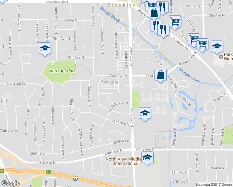 map of restaurants, bars, coffee shops, grocery stores, and more near 6000 72nd Avenue North in Minneapolis