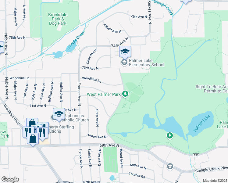 map of restaurants, bars, coffee shops, grocery stores, and more near 3412 72nd Avenue North in Minneapolis